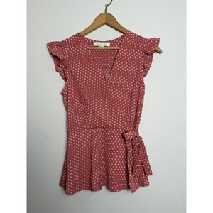 Monteau‎ Los Angeles Shirt Women's Medium Pink Polka Dot Cap Sleeves Blouse Top